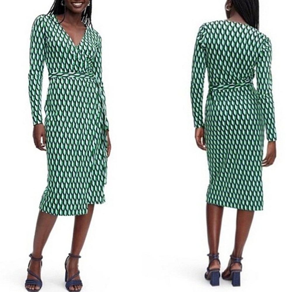 DVF For Target Arrow Geo Long Sleeve Midi Wrap Dress S Green Classic Career - Picture 17 of 17